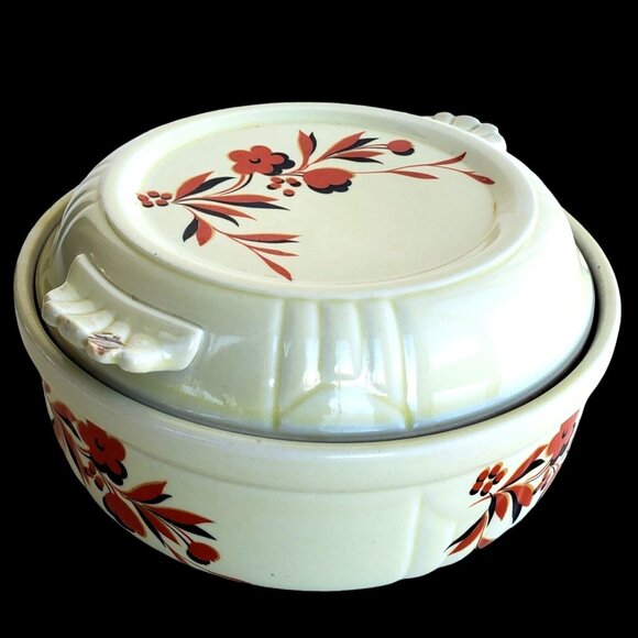 Vintage Halls China Ceramic Covered Casserole Dish 1940s Autumn Floral Design - Picture 1 of 11